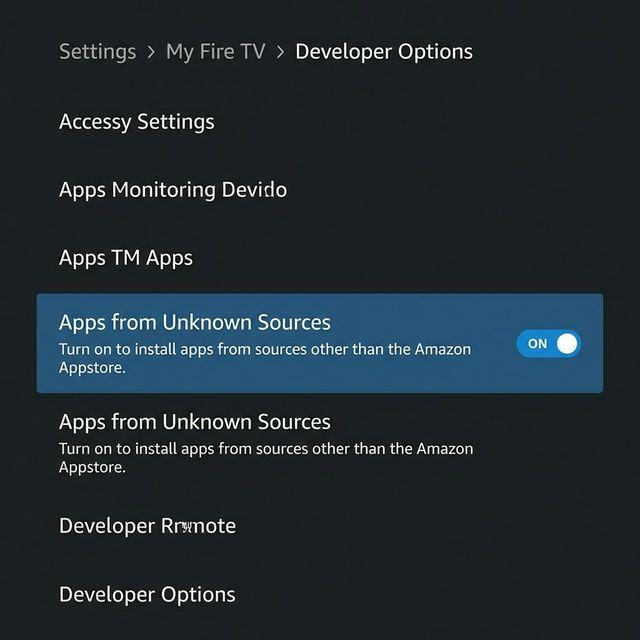 Firestick settings menu showing Apps from Unknown Sources developer options enabled