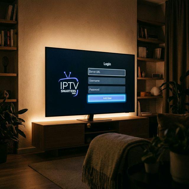 Samsung Smart TV IPTV app setup menu showing IPTV Smarters login screen