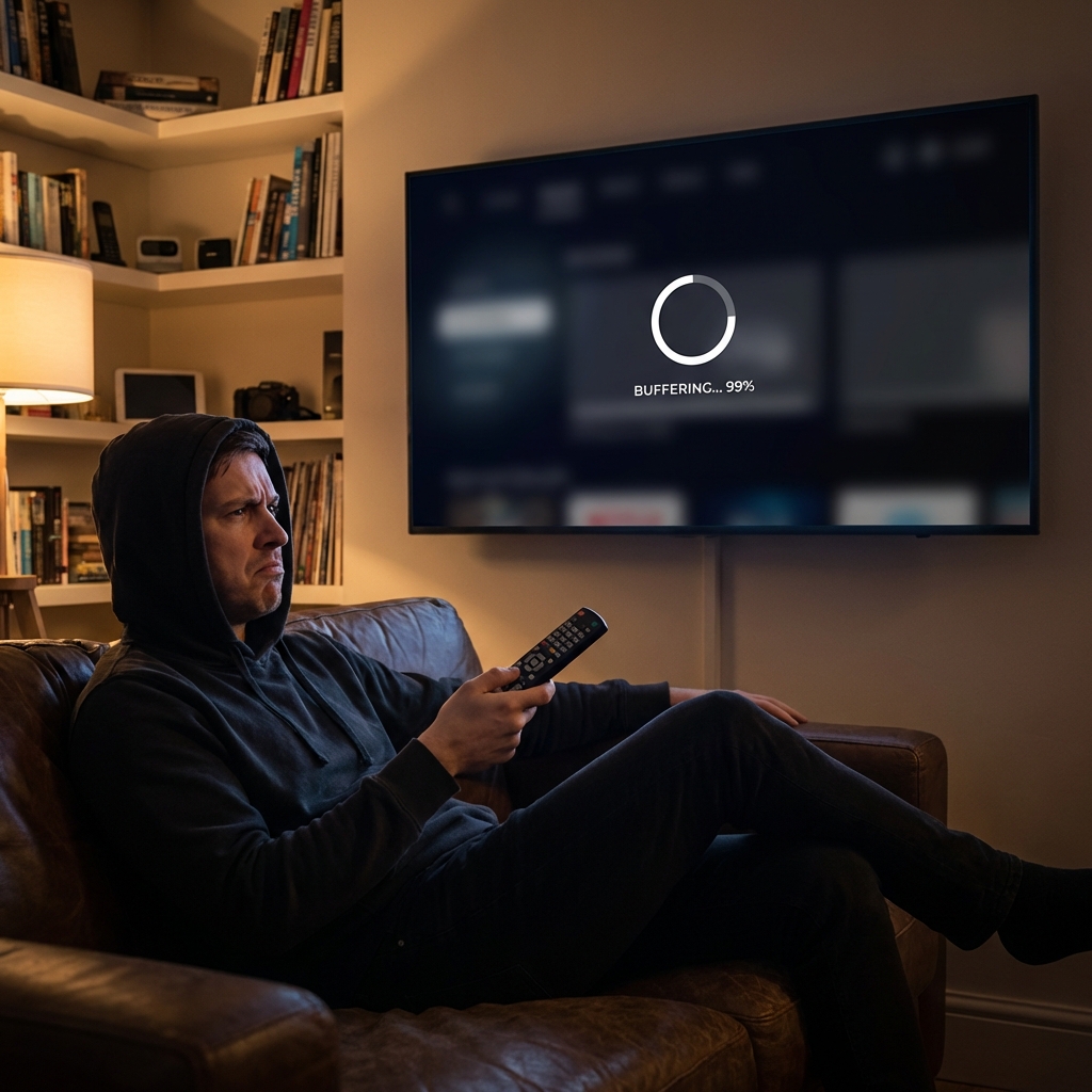 Frustrated user dealing with IPTV buffering